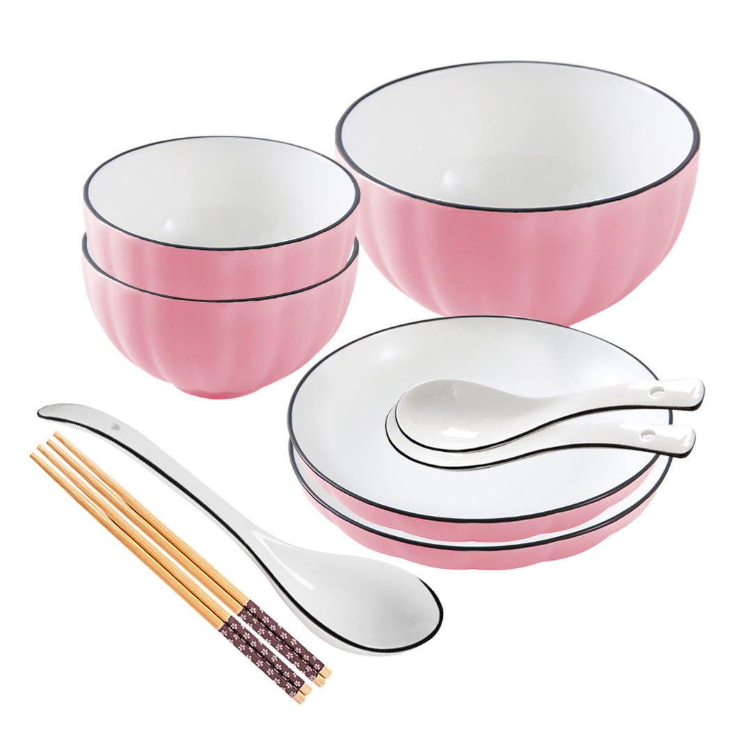 SOGA Pink Japanese Style Ceramic Dinnerware Crockery Soup Bowl Plate Server Kitchen Home Decor Set of 5-0