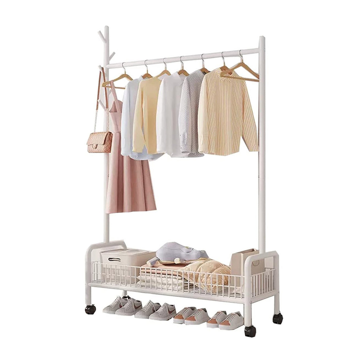 Mobile Clothes Rack with Wheels Sturdy Durable Space Saving for Home Bedroom Use