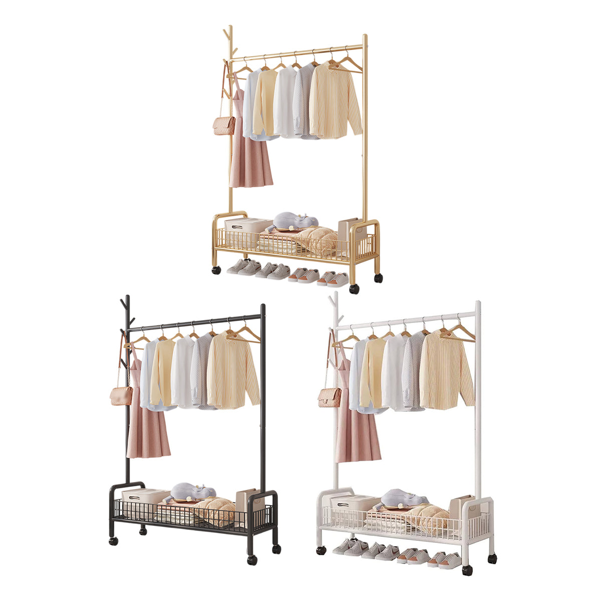 Mobile Clothes Rack with Wheels Sturdy Durable Space Saving for Home Bedroom Use