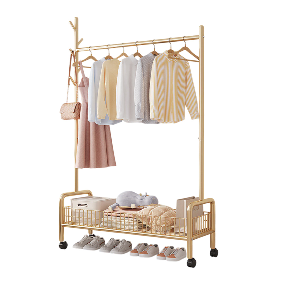 Mobile Clothes Rack with Wheels Sturdy Durable Space Saving for Home Bedroom Use