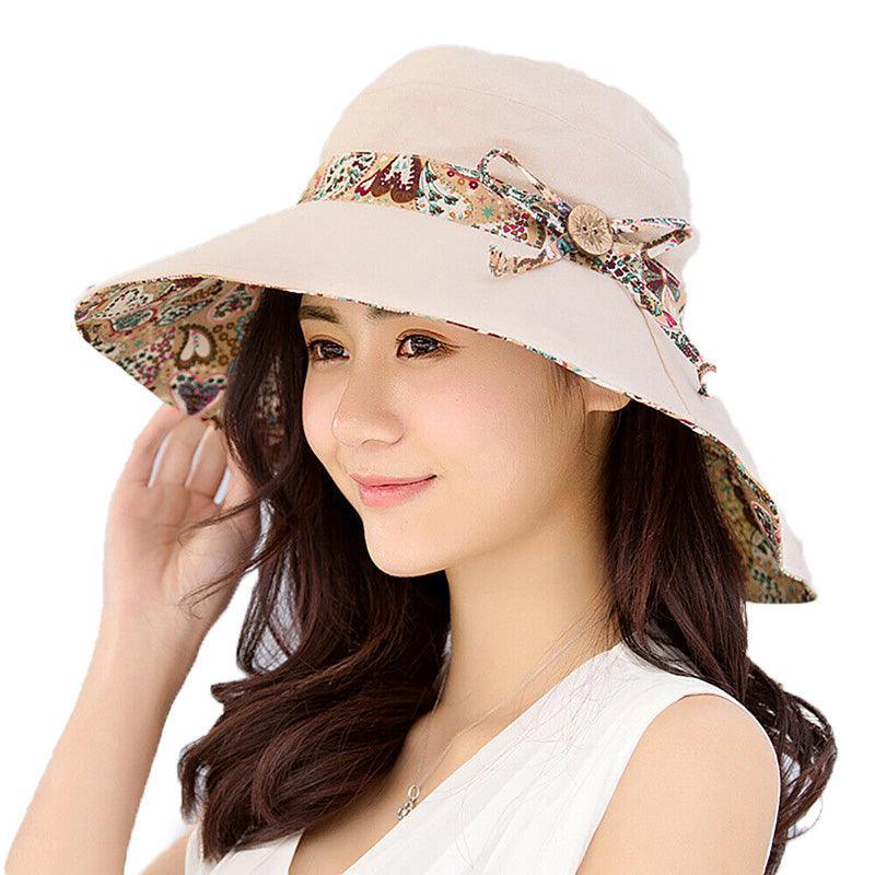 Wide Brim Sun Hat for Women Foldable Floppy Beach Cap with Bow Travel Style