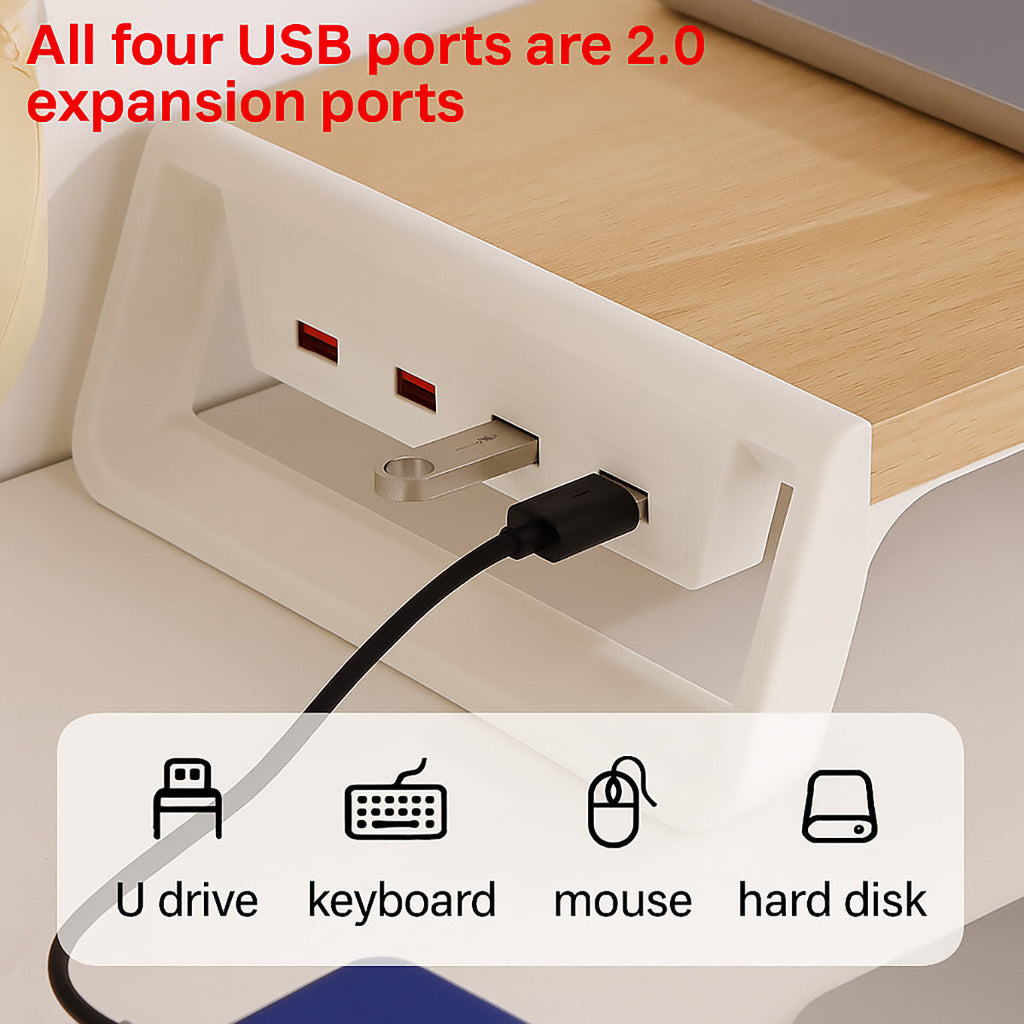 配備 4 個 USB 集線器的電腦螢幕架，穩固增高，桌面收納，節省空間