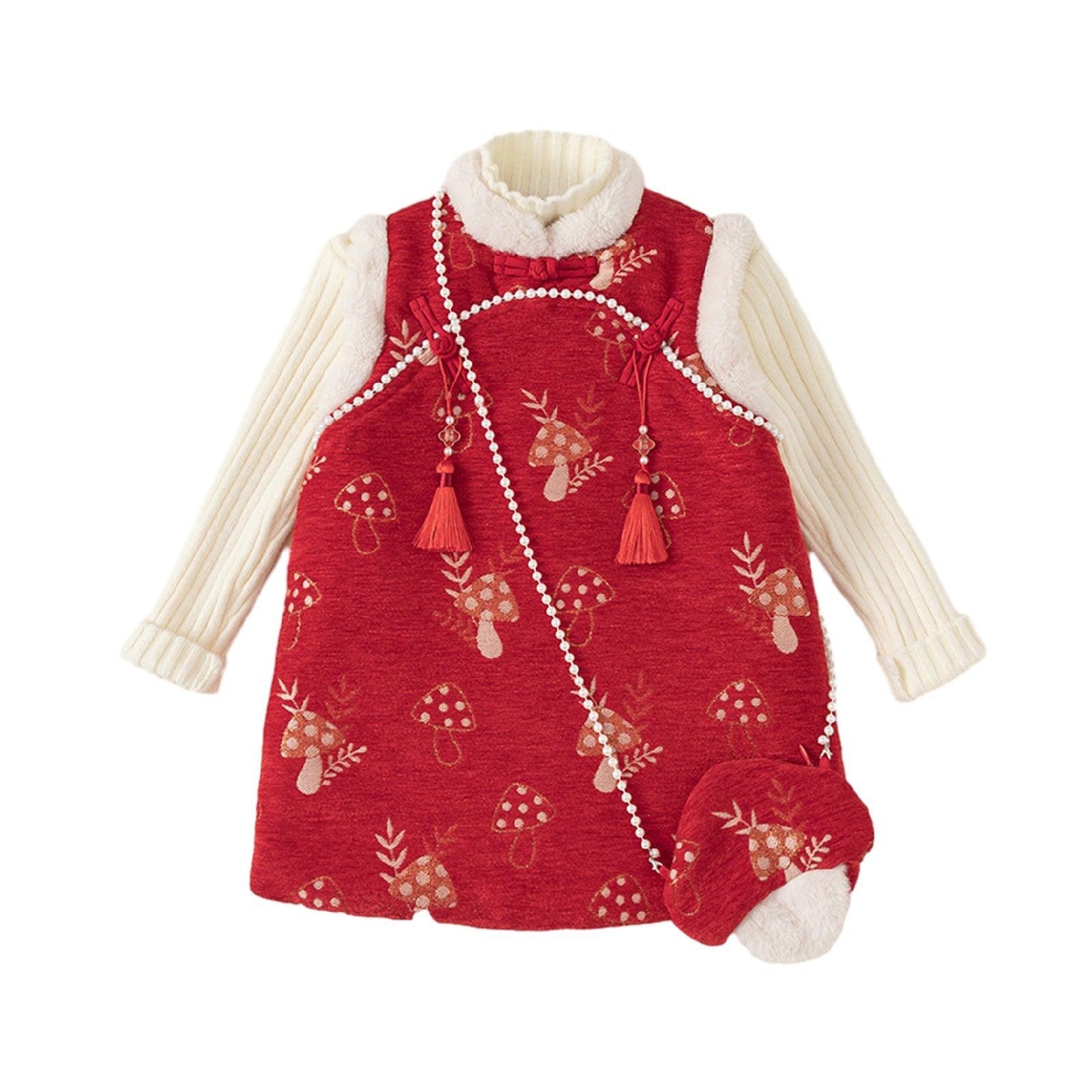 Girl's Red Cheongsam Dress Cotton Padded New-Year Dress-8