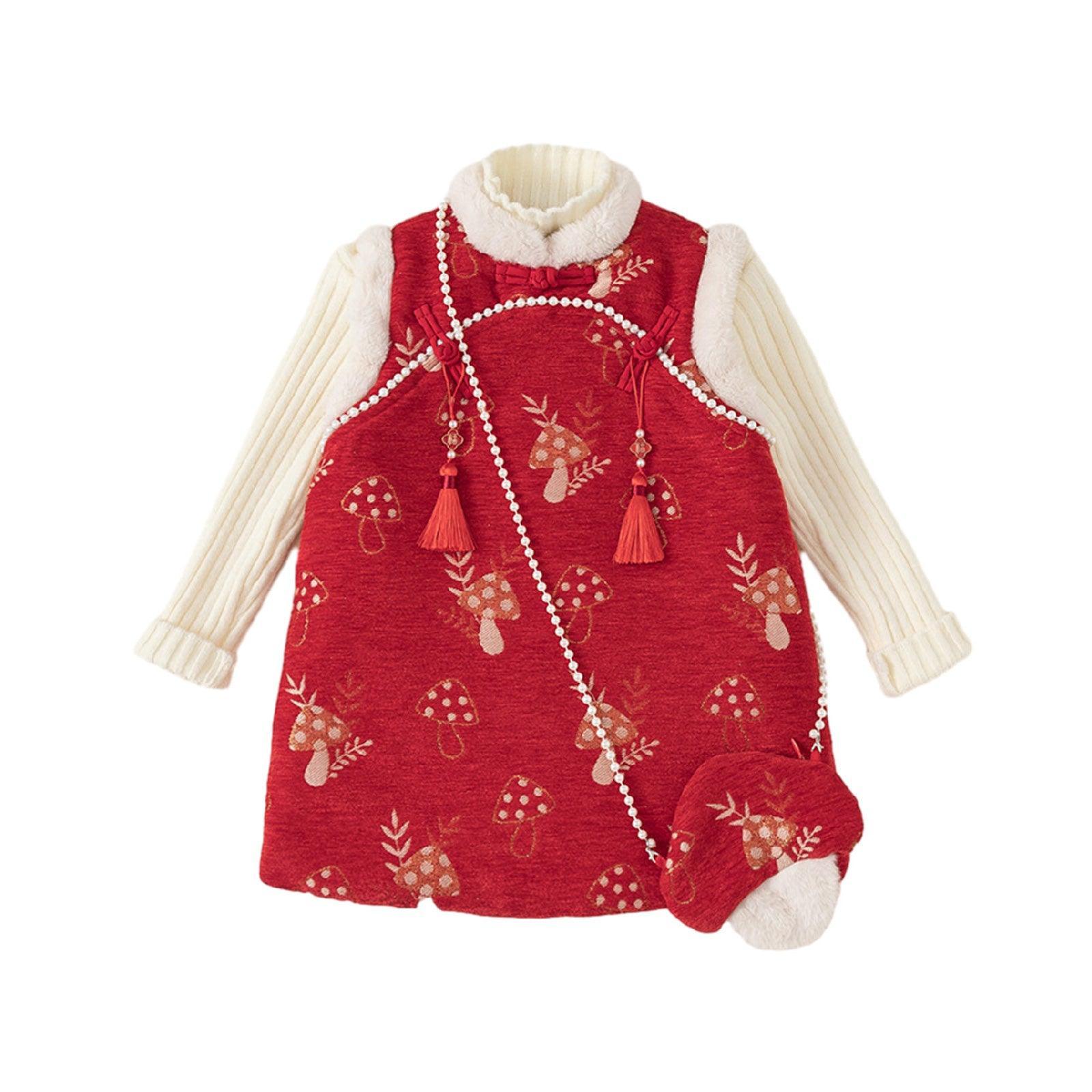 Girl's Red Cheongsam Dress Cotton Padded New-Year Dress-7