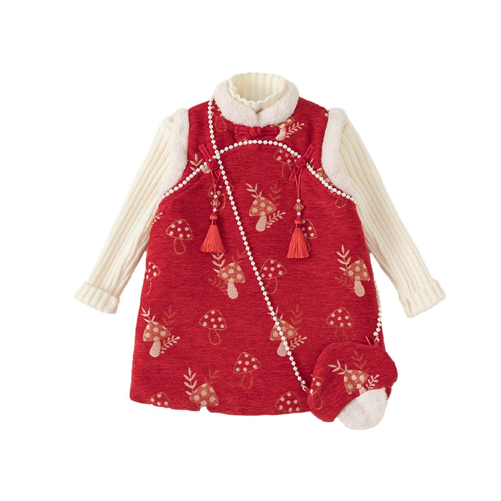 Girl's Red Cheongsam Dress Cotton Padded New-Year Dress-6