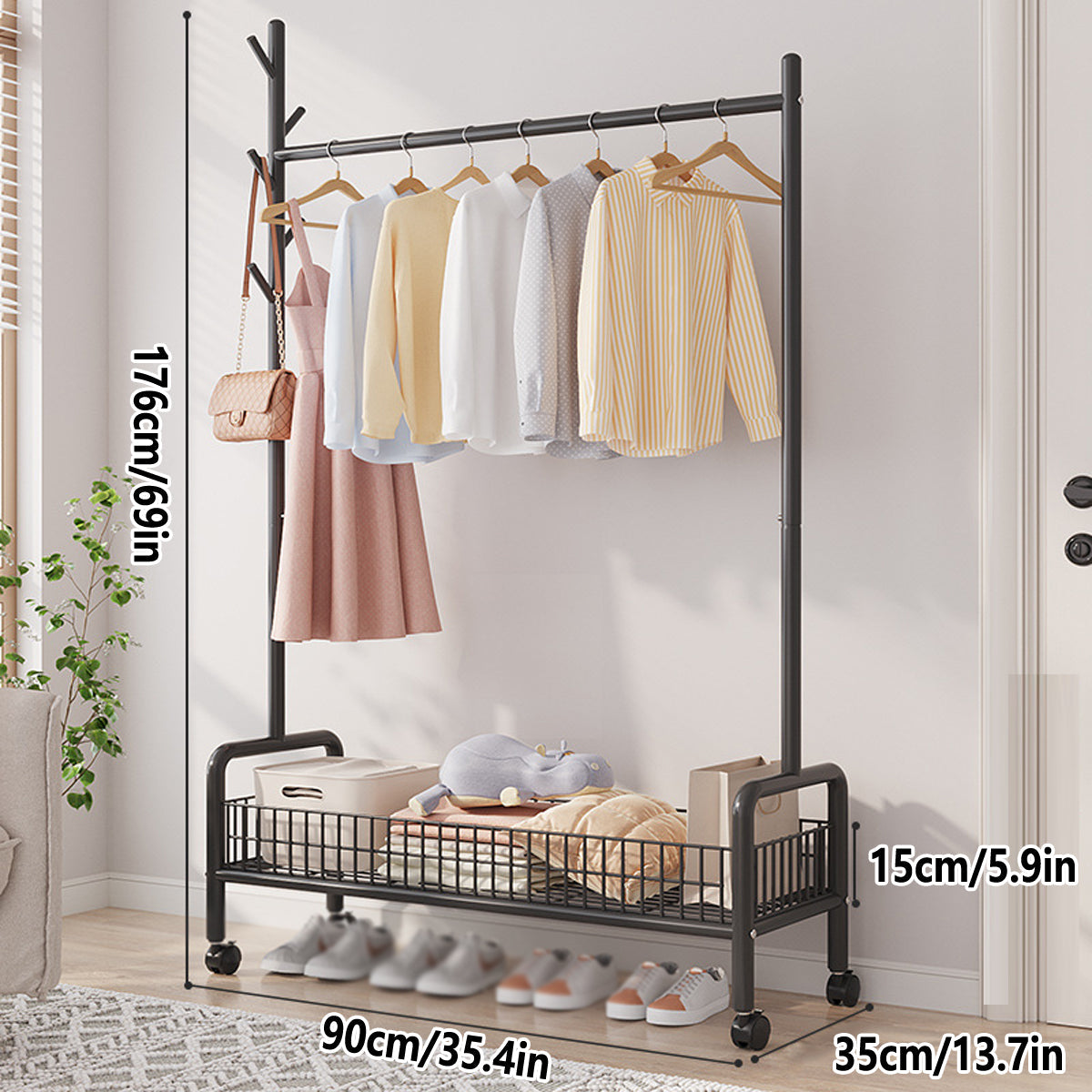 Mobile Clothes Rack with Wheels Sturdy Durable Space Saving for Home Bedroom Use