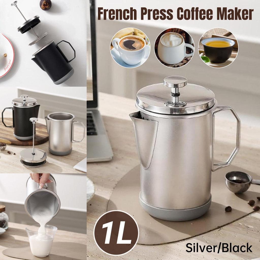 1L Stainless Steel French Press Coffee Maker - Portable Camping Plunger Pot