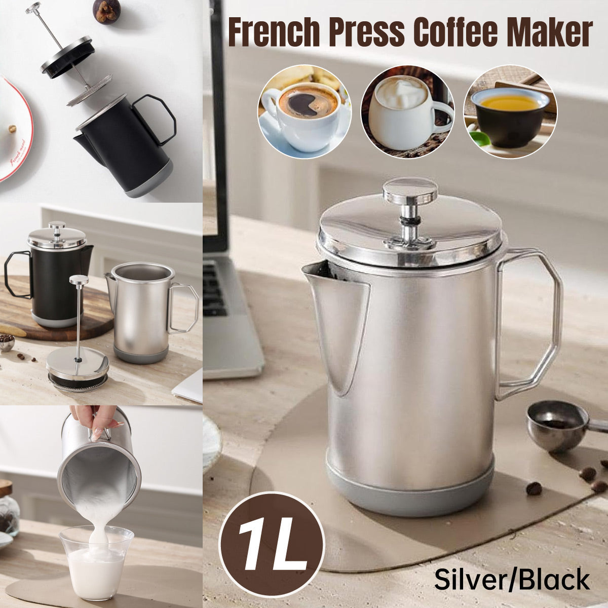 1L Stainless Steel French Press Coffee Maker - Portable Camping Plunger Pot