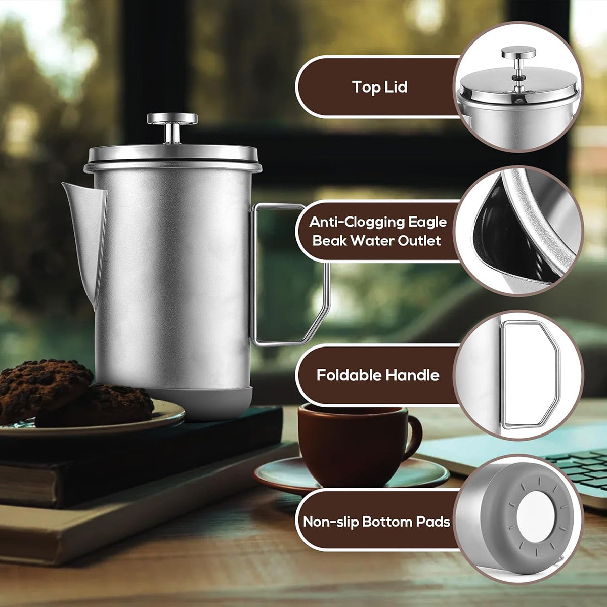 1L Stainless Steel French Press Coffee Maker - Portable Camping Plunger Pot