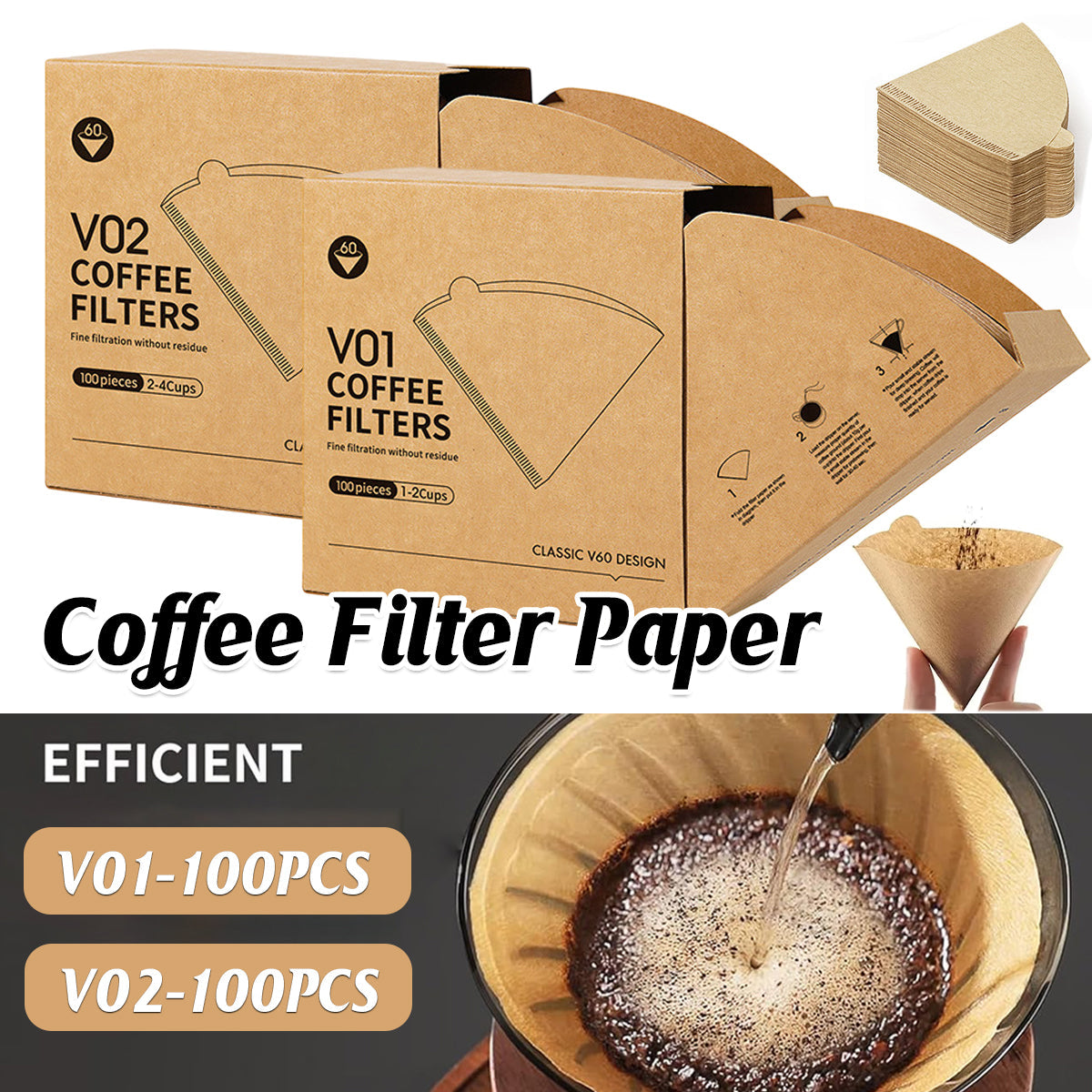 100PCS 咖啡濾紙 滴漏錐形漏斗 手工製濾紙，適用於咖啡機－V02-100PCS