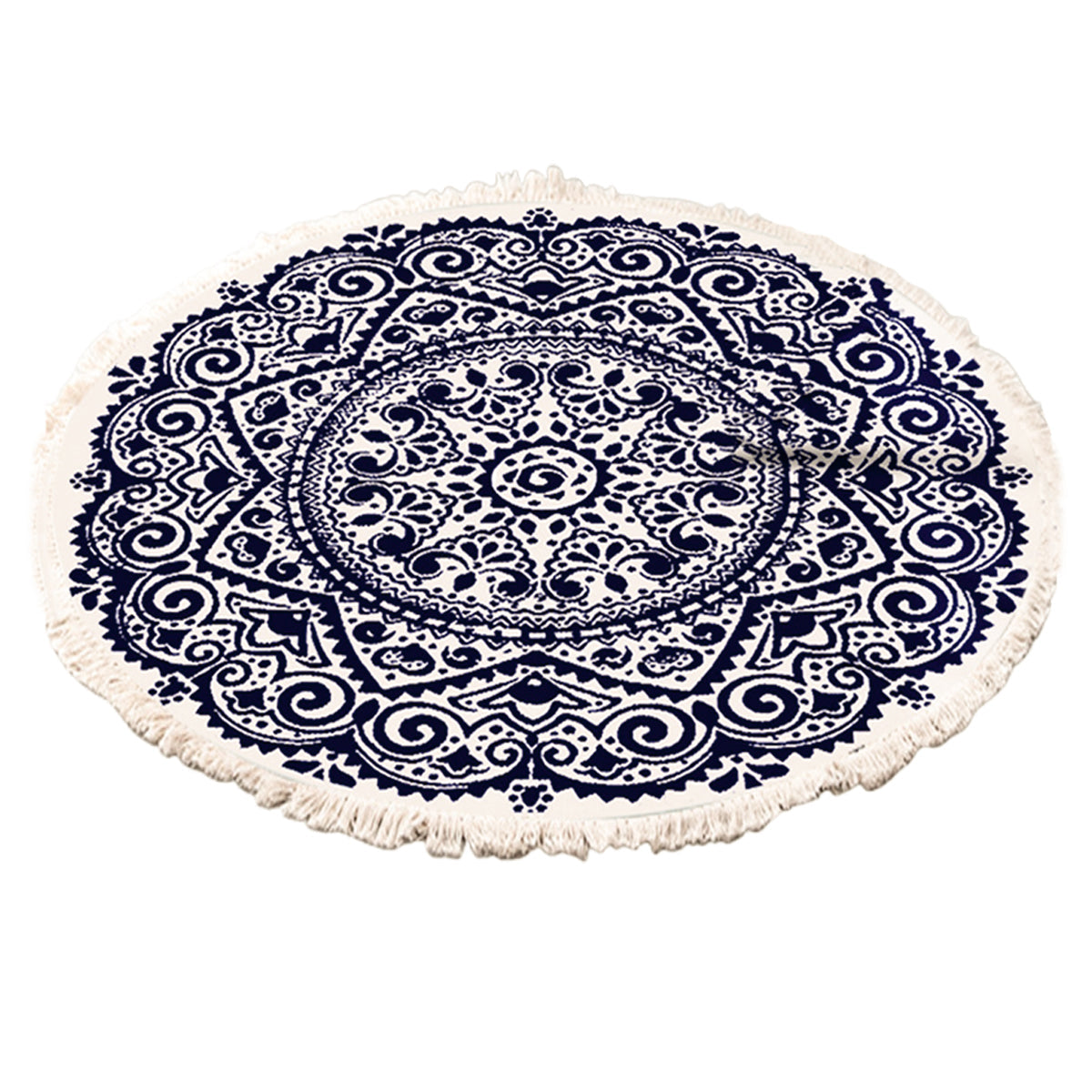 Round Carpet Cotton Linen Floor Mat Printed Anti Slip Rug Fringe Blanket Living