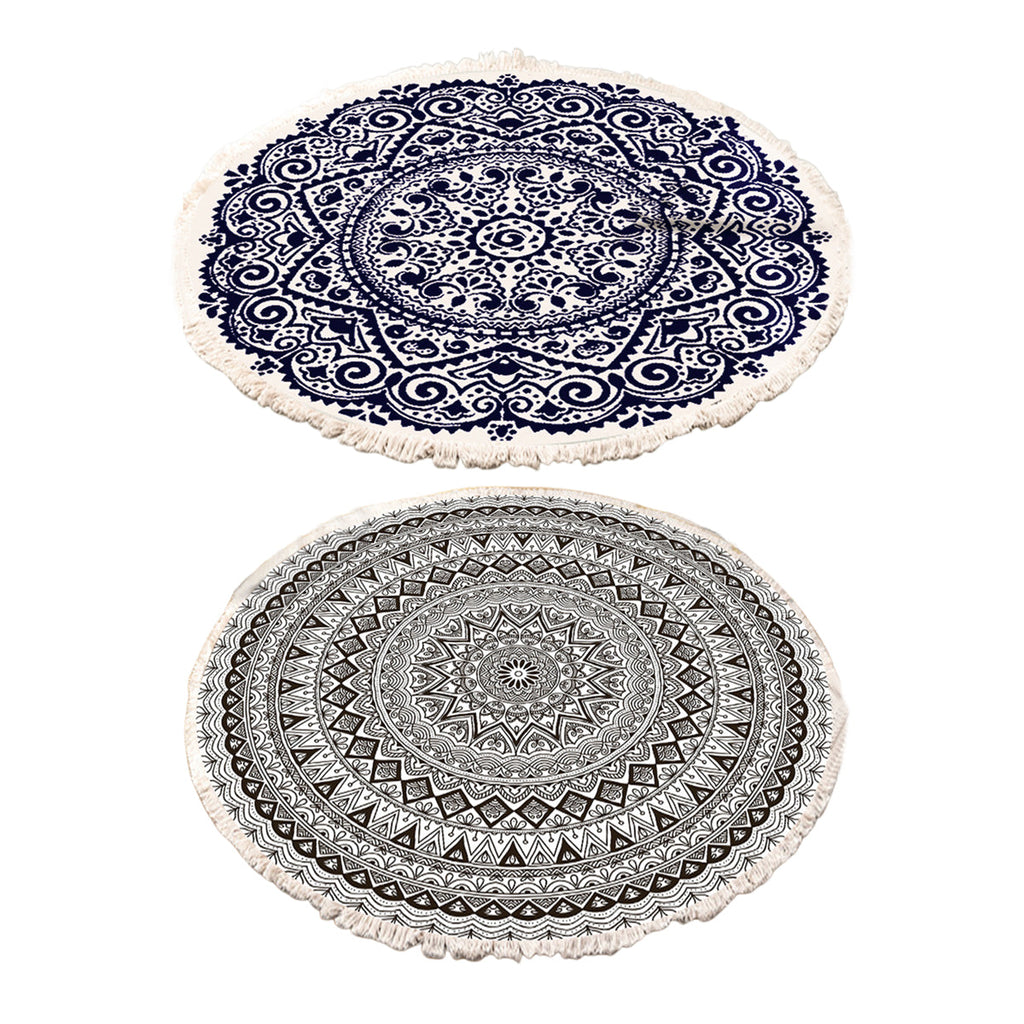Round Carpet Cotton Linen Floor Mat Printed Anti Slip Rug Fringe Blanket Living
