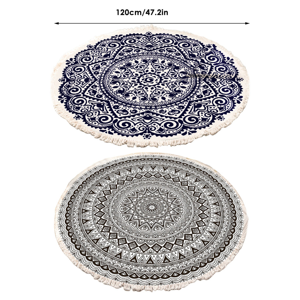 Round Carpet Cotton Linen Floor Mat Printed Anti Slip Rug Fringe Blanket Living