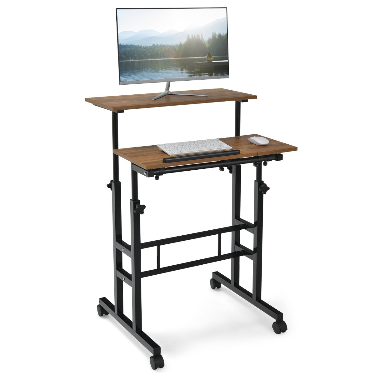 NNECW Mobile Stand up Computer Desk with 2 Tilting Desktops for Office Black-1
