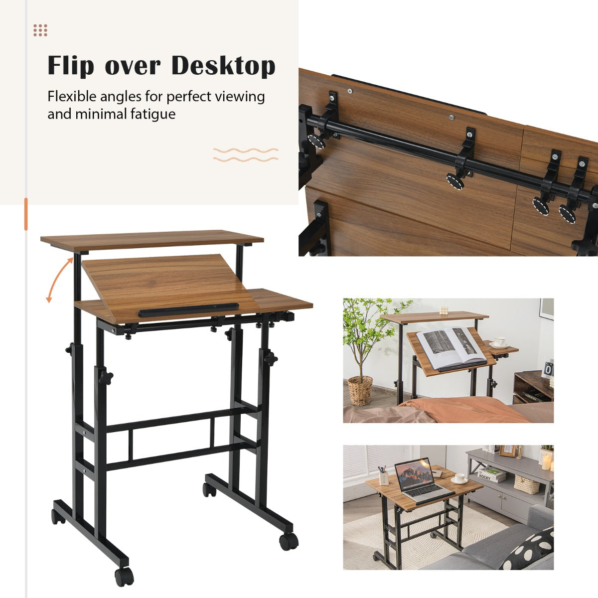 NNECW Mobile Stand up Computer Desk with 2 Tilting Desktops for Office Black-4