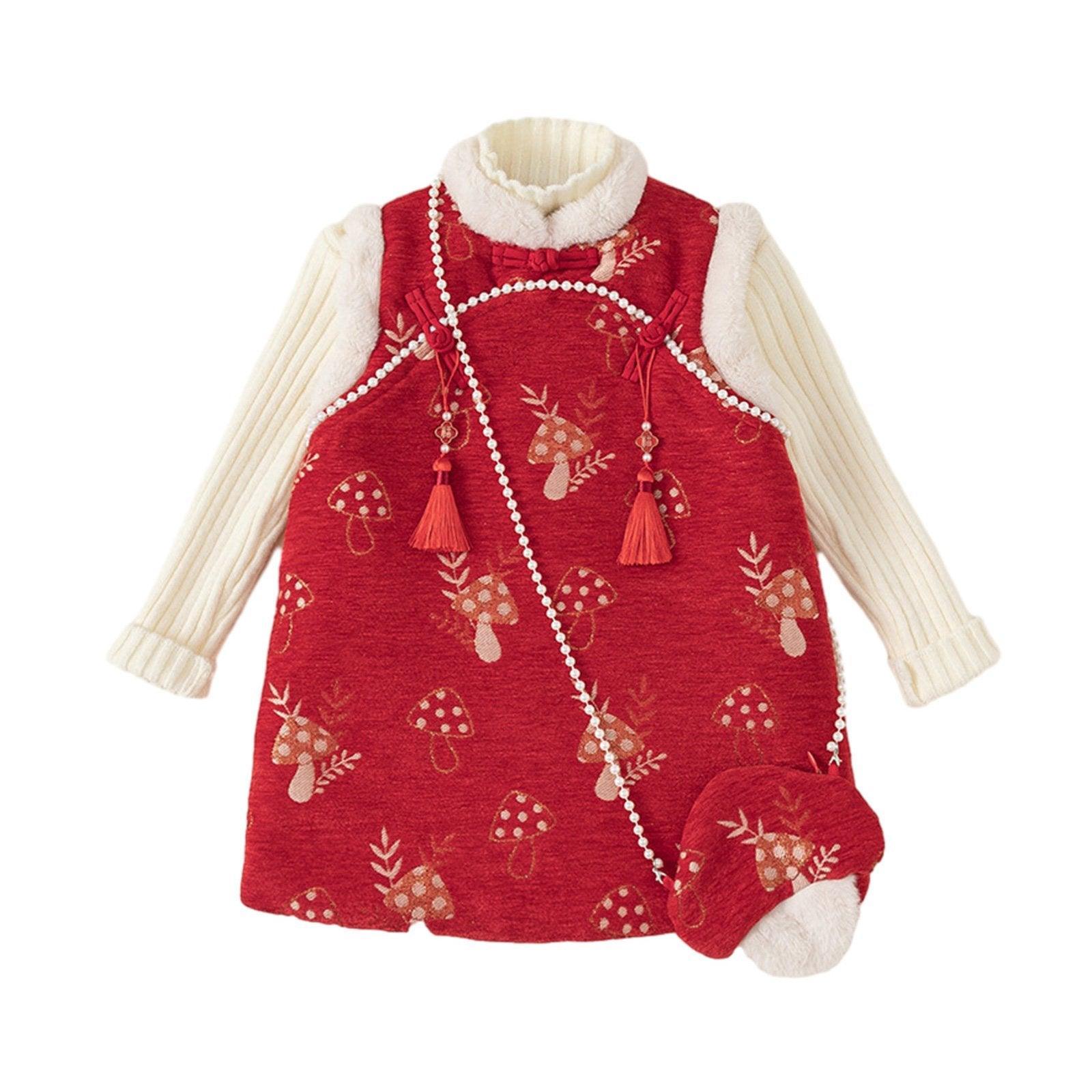 Girl's Red Cheongsam Dress Cotton Padded New-Year Dress-1