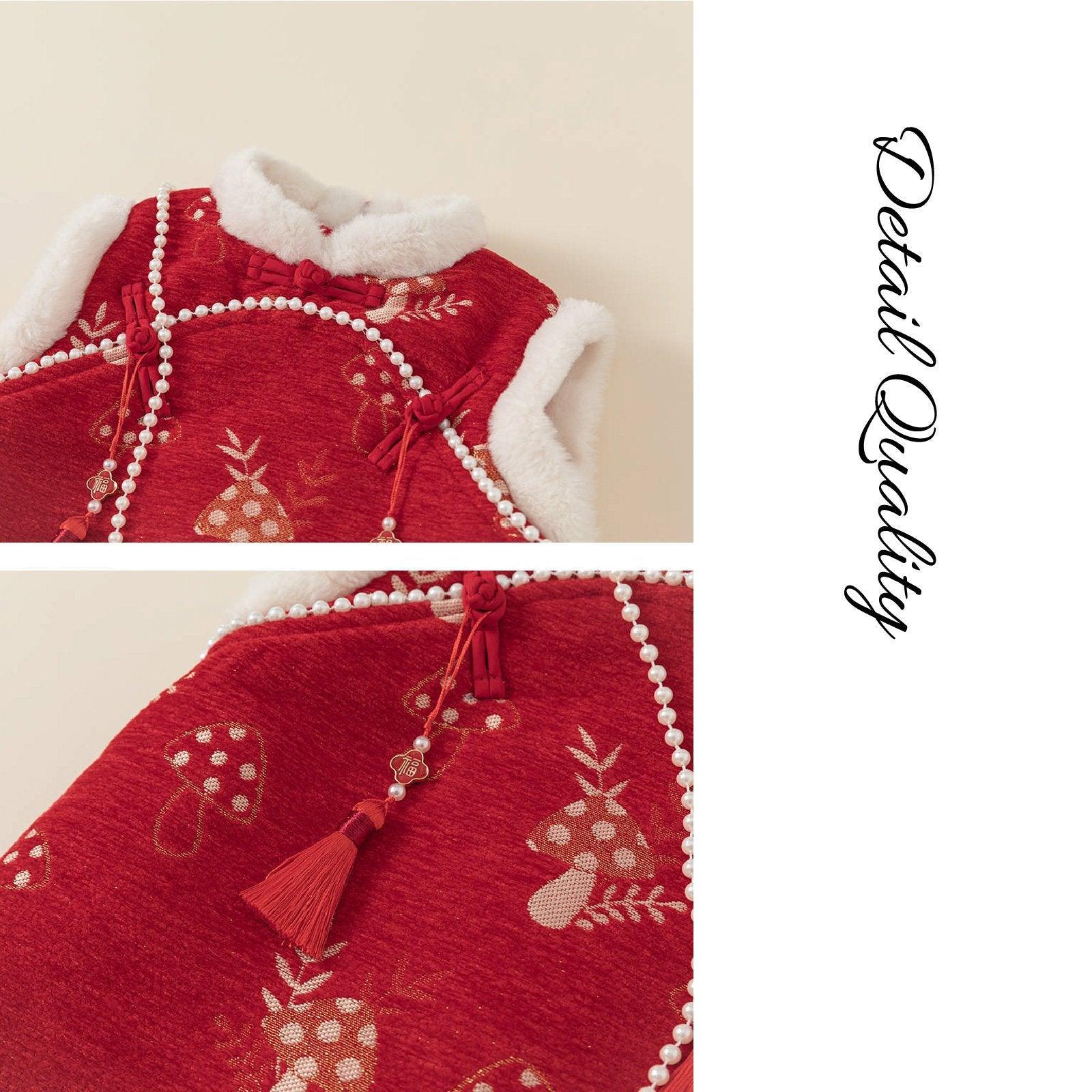 Girl's Red Cheongsam Dress Cotton Padded New-Year Dress-4