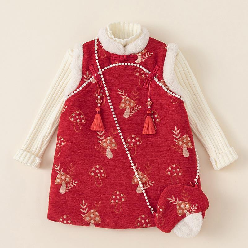 Girl's Red Cheongsam Dress Cotton Padded New-Year Dress-2
