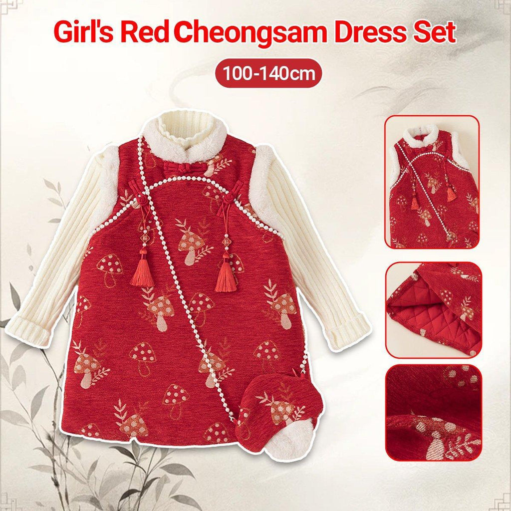 Girl's Red Cheongsam Dress Cotton Padded New-Year Dress-0